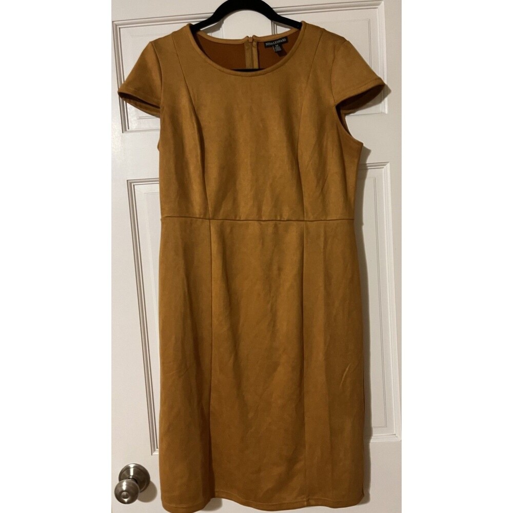 Nina Leonard Women’s Size M Brown Solid Faux Suede Round Neck Sheath Knee Dress